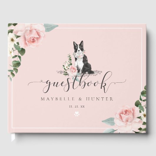 Waterverf Border Collie Dog & Floral Pink Rose Gastenboek (Voorkant)