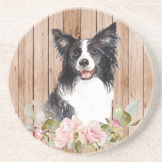 Waterverf Border Collie & Flowers Zandsteen Onderzetter (Voorkant)