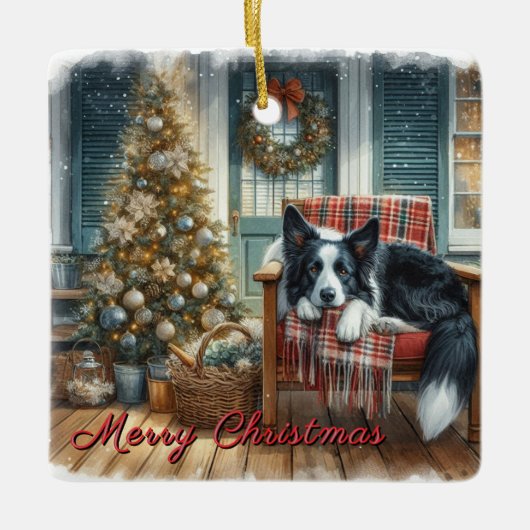 Waterverf Border Collie Kersthond Keramisch Ornament (Voorkant)