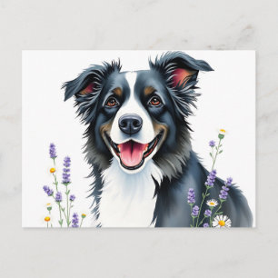 Waterverf Border Collie met lavendel en madeliefje Briefkaart