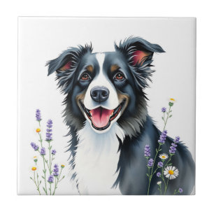 Waterverf Border Collie met lavendel en madeliefje Tegeltje