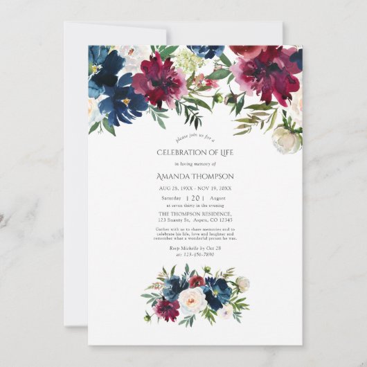 Waterverf Bordo & Navy Floral Celebration of Life Kaart (Voorkant)