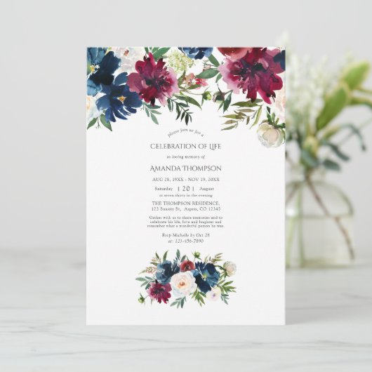 Waterverf Bordo & Navy Floral Celebration of Life Kaart (Staand voorkant)