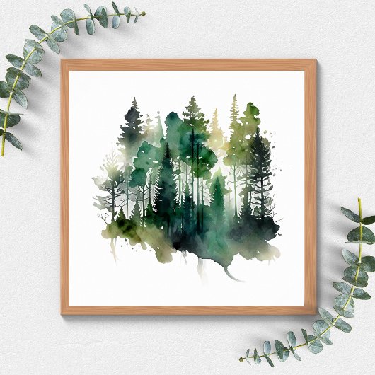 Waterverf Bos Bomen Natuur Groen Bruin Poster