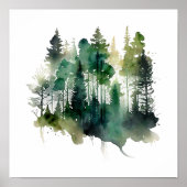 Waterverf Bos Bomen Natuur Groen Bruin Poster (Voorkant)