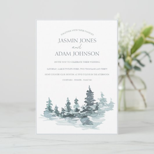 Waterverf bos bos pijnbomen bruiloft kaart (Staand voorkant)