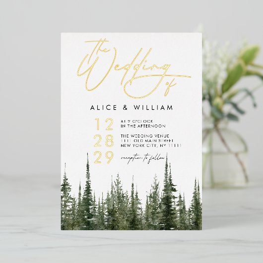 Waterverf Bos dennenbomen Rustieke bruiloft Folie Uitnodiging (Staand Voorkant)