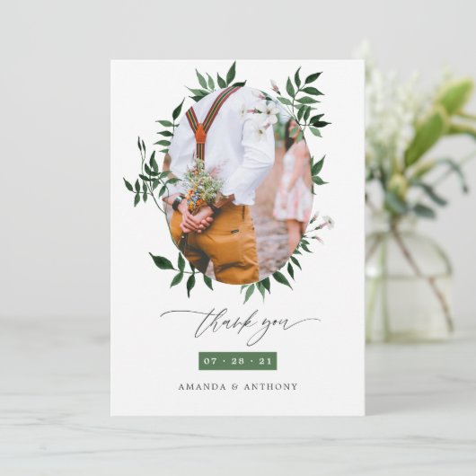 Waterverf Bos groen bruiloft foto Bedankkaart (Staand voorkant)