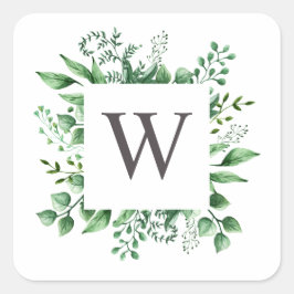 Waterverf bos groen bruiloft monogram vierkante sticker