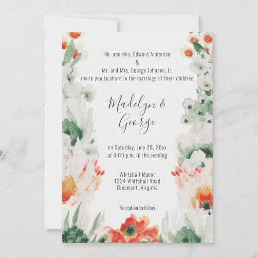 Waterverf Bos Groen, Sinaasappel, Witte Bruiloft Kaart (Voorkant)