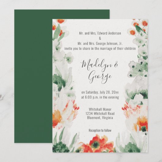 Waterverf Bos Groen, Sinaasappel, Witte Bruiloft Kaart (Voorkant / Achterkant)