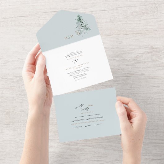 Waterverf Bos Herten Monogram Bruiloft All In One Uitnodiging (Afscheurbaar)