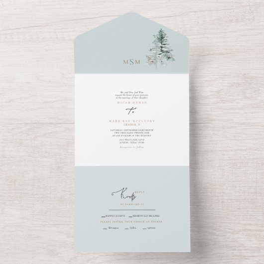 Waterverf Bos Herten Monogram Bruiloft All In One Uitnodiging (Binnen)