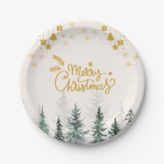 Waterverf-bos kerstfeestdag papieren bordje (Voorkant)