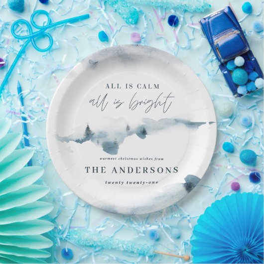 Waterverf bos minimal blauw kerstfeest papieren bordje (Feest)