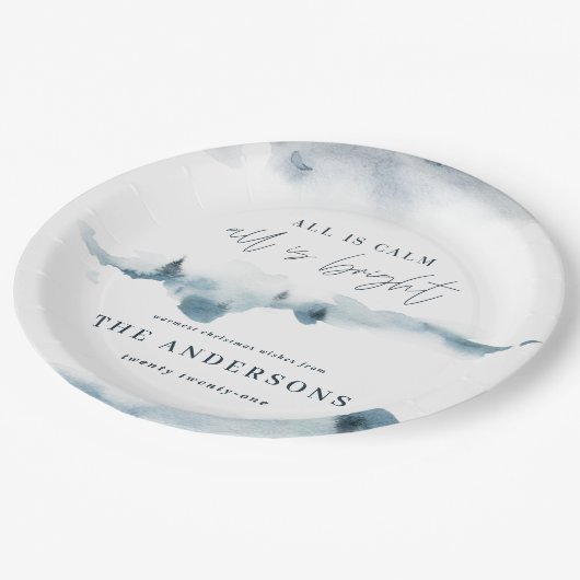 Waterverf bos minimal blauw kerstfeest papieren bordje (Gekanteld)