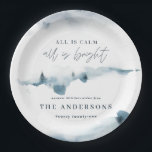 Waterverf bos minimal blauw kerstfeest papieren bordje<br><div class="desc">Waterverf bos minimal gepersonaliseerde kerst partij papier bord. Elegant winter blauw en wit ontwerp. Onderdeel van een modern,  minimaal vakantie collectie.</div>