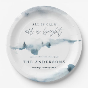 Waterverf bos minimal blauw kerstfeest papieren bordje