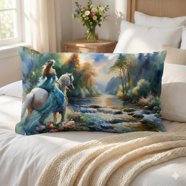 Waterverf Bos Rivier Amazone Droomlandschap Kussen (Watercolor Forest River Horsewoman Dreamscape Lumbar Pillow Mockup a)