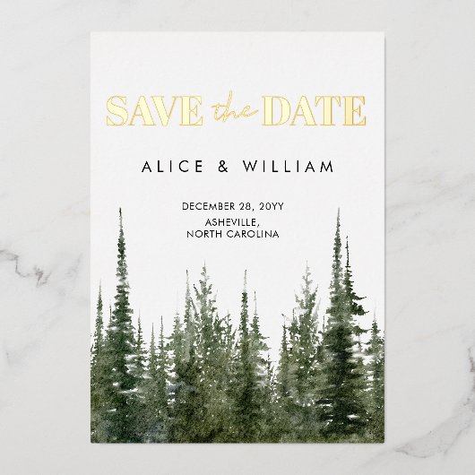 Waterverf bos rustieke dennenbomen opslaan de datu folie uitnodiging (Voorkant)