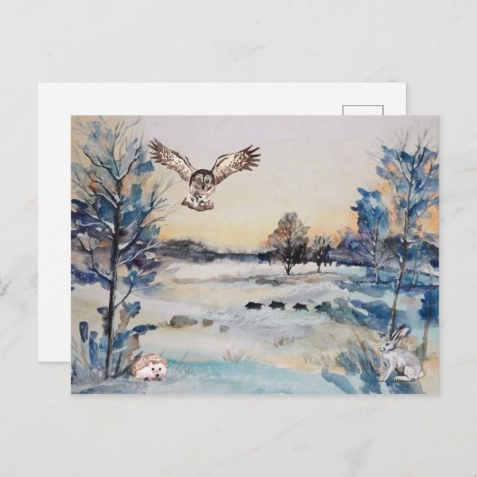 Waterverf Bos Uil Konijn Winterlandschap Briefkaart (Voorkant / Achterkant)
