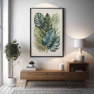 Waterverf bos van tropische Monstera palmbladeren Poster