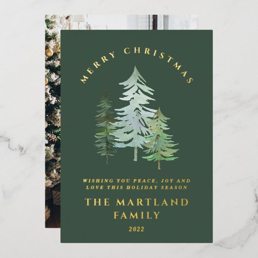 Waterverf-bos Vroege kerstfeestdag foto Folie Feestdagenkaart (Voorkant / Achterkant)