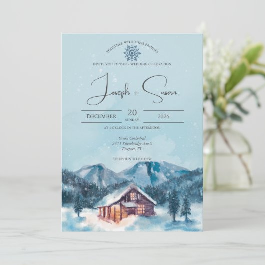 Waterverf Bos Winter Sneeuwrijke Berg Bruiloft Kaart (Staand voorkant)