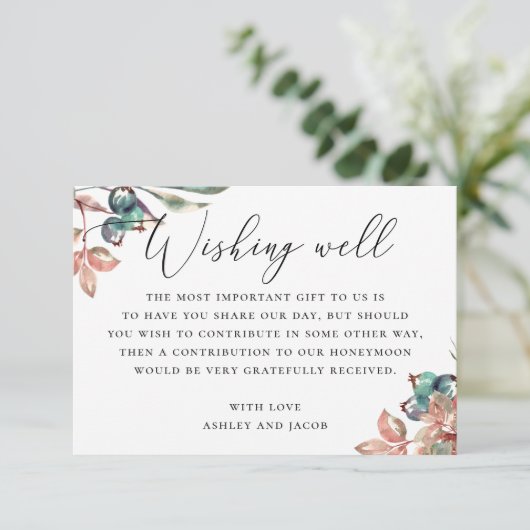 Waterverf bosareaal voor botanische bruiloft informatiekaartje (Staand voorkant)