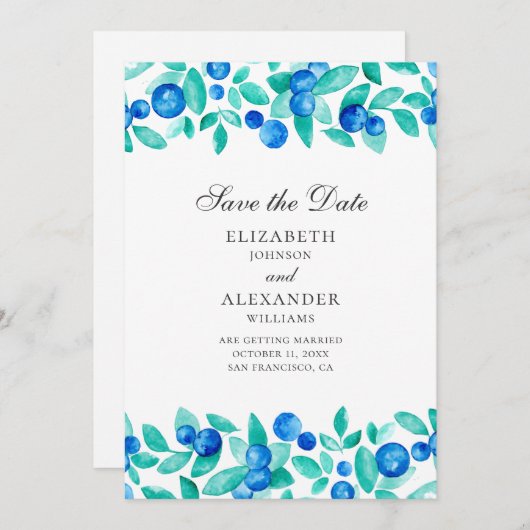 Waterverf bosbessen. Blauw- en munthuwelijk Save The Date (Voorkant / Achterkant)
