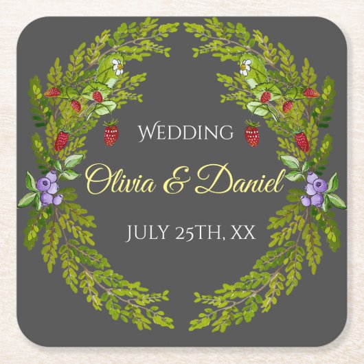 Waterverf bosbessen bruiloft kartonnen onderzetters (Voorkant)