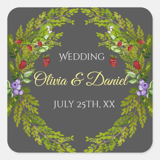 Waterverf bosbessen bruiloft vierkante sticker (Voorkant)
