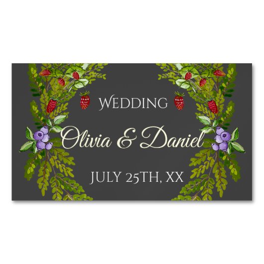 Waterverf bosbessen en champignons bruiloft magnetisch visitekaartje (Voorkant)