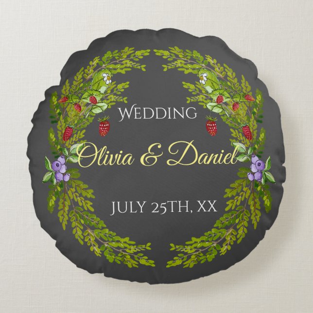 Waterverf bosbessen en champignons bruiloft rond kussen (Voorkant)