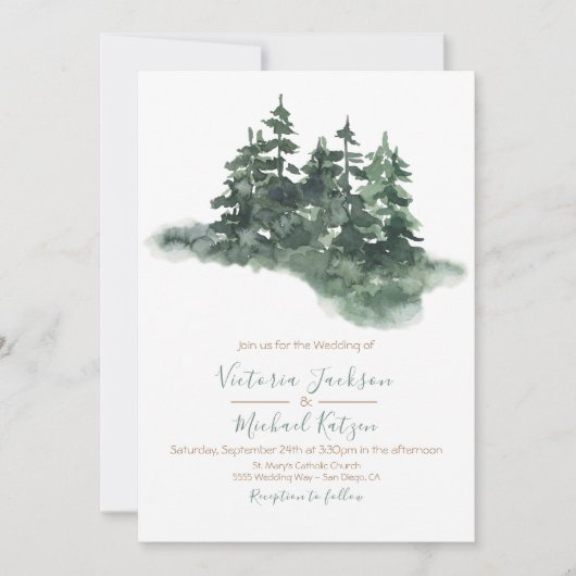Waterverf Bosbos  Pine Forest Wedding Kaart (Voorkant)