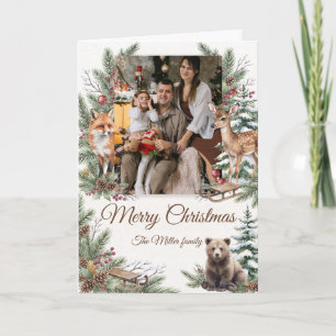 Waterverf Bosdieren Aangepaste Foto Kerstmis Kaart