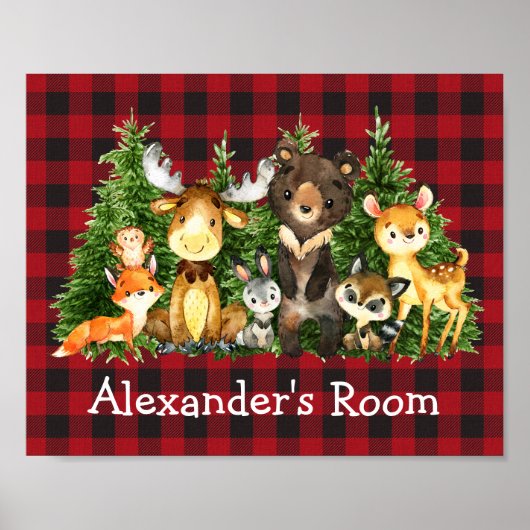 Waterverf Bosdieren Bos Bomen Plaid Poster (Voorkant)