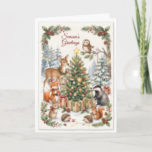 Waterverf Bosdieren Elegante Kerstkaart Feestdagen Kaart