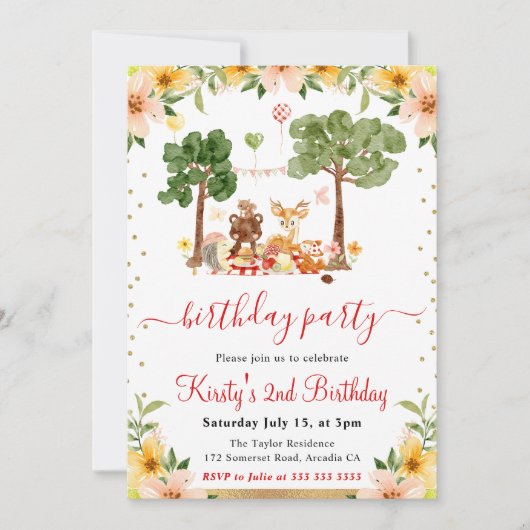 Waterverf Bosdieren Picknick Verjaardag Kaart (Voorkant)