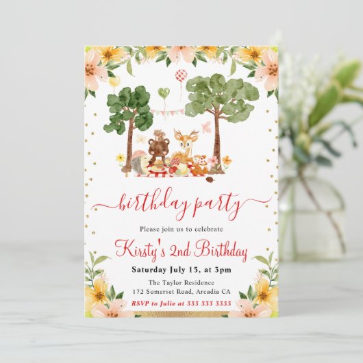 Waterverf Bosdieren Picknick Verjaardag Kaart (Staand voorkant)