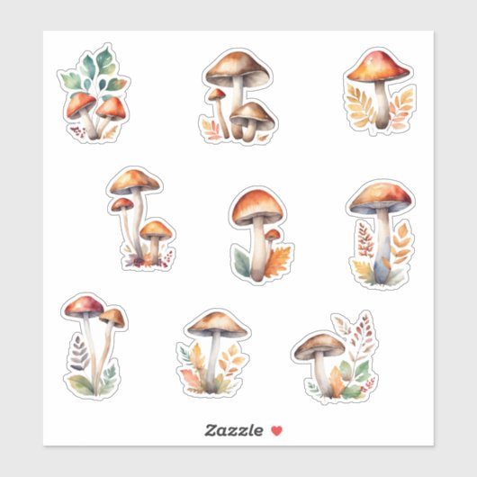 Waterverf Bospaddenstoelen en Herfstbladeren Sticker (Vel)