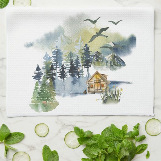 Waterverf bosscène theedoek (Gevouwen)