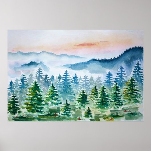 Waterverf bossen en bergen poster (Voorkant)