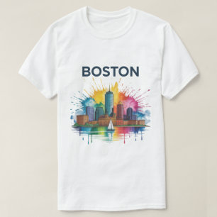 Waterverf Boston Silhouette Levendig Boston Sta T-shirt