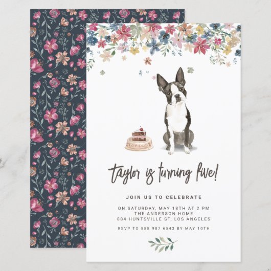Waterverf Boston Terrier Dog Birthday Uitnodiging (Voorkant / Achterkant)