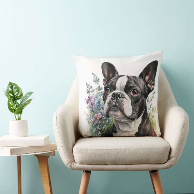 WATERVERF BOSTON TERRIER HOND MET BLOEMEN KUSSEN (Stoel)