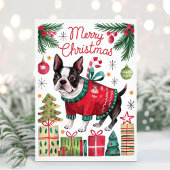 Waterverf Boston Terrier Kerst Kaart