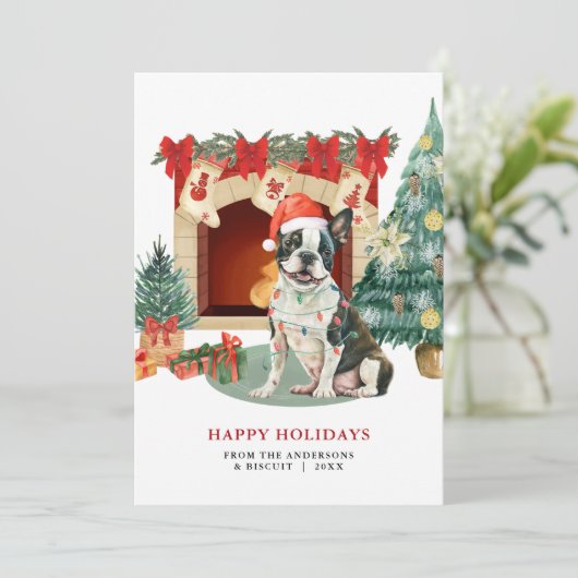 Waterverf Boston Terrier Kerst Kaart (Staand voorkant)