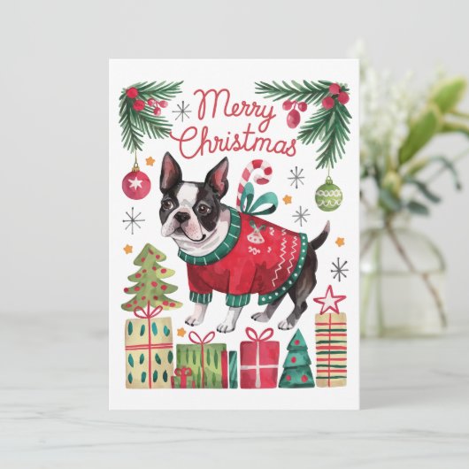 Waterverf Boston Terrier Kerst Kaart (Staand voorkant)