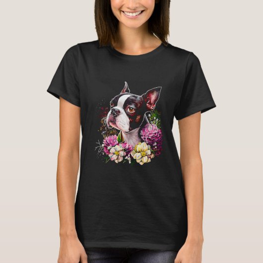 Waterverf Boston Terrier met bloemen Bostie 19 T-shirt (Voorkant)